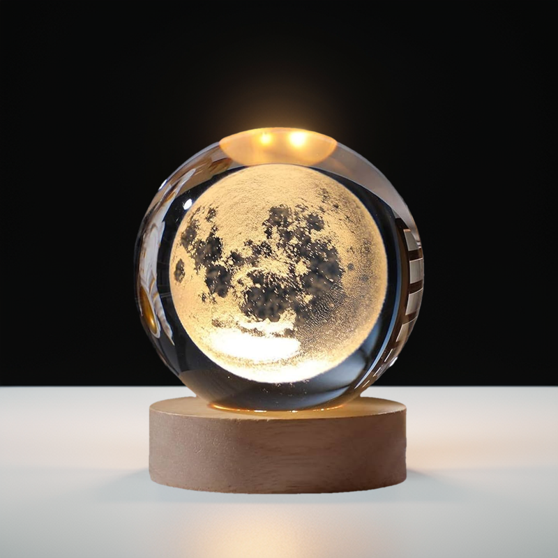 3D Crystal Moon Lamp: Galaxy Ball Night Light with Wooden Base