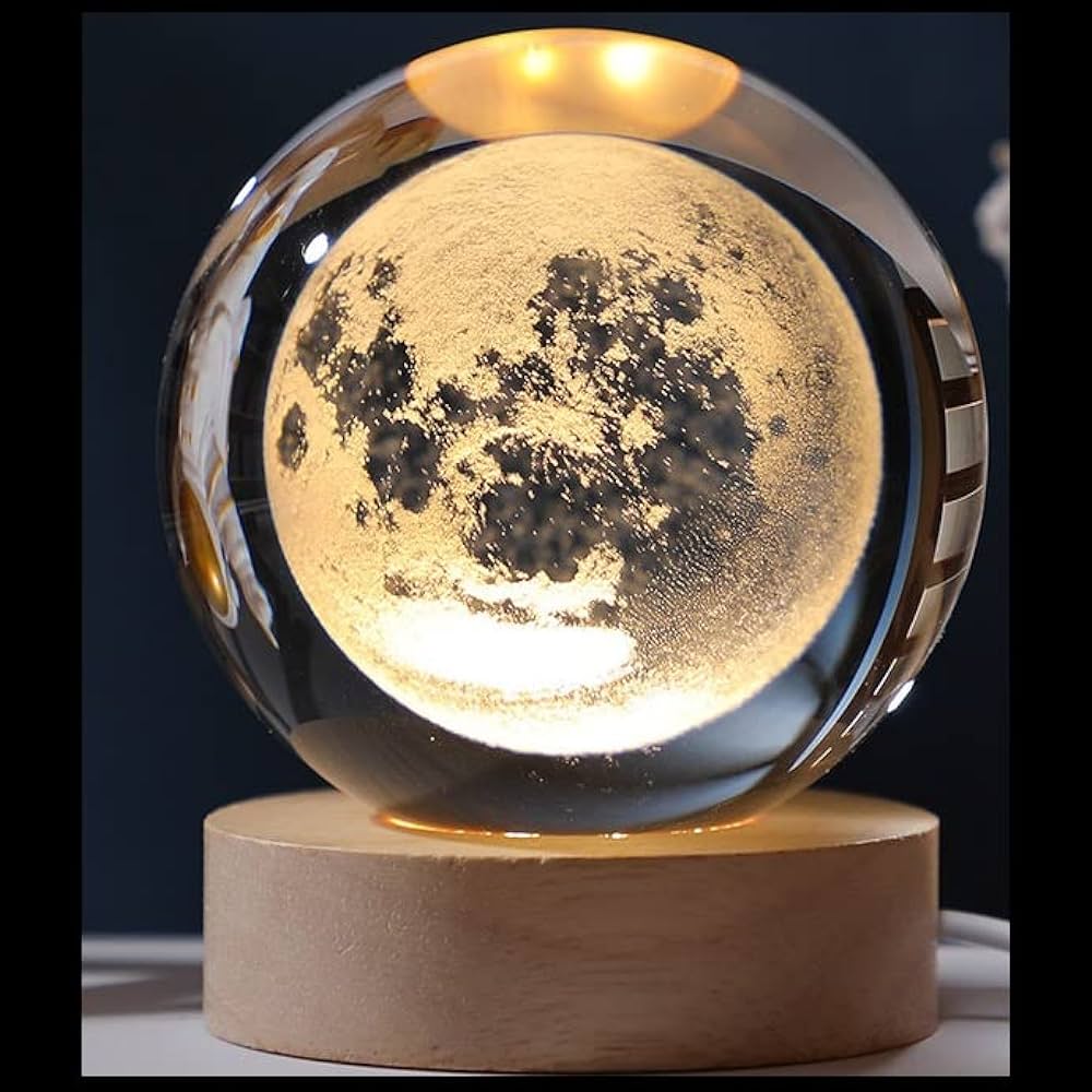 3D Crystal Moon Lamp: Galaxy Ball Night Light with Wooden Base